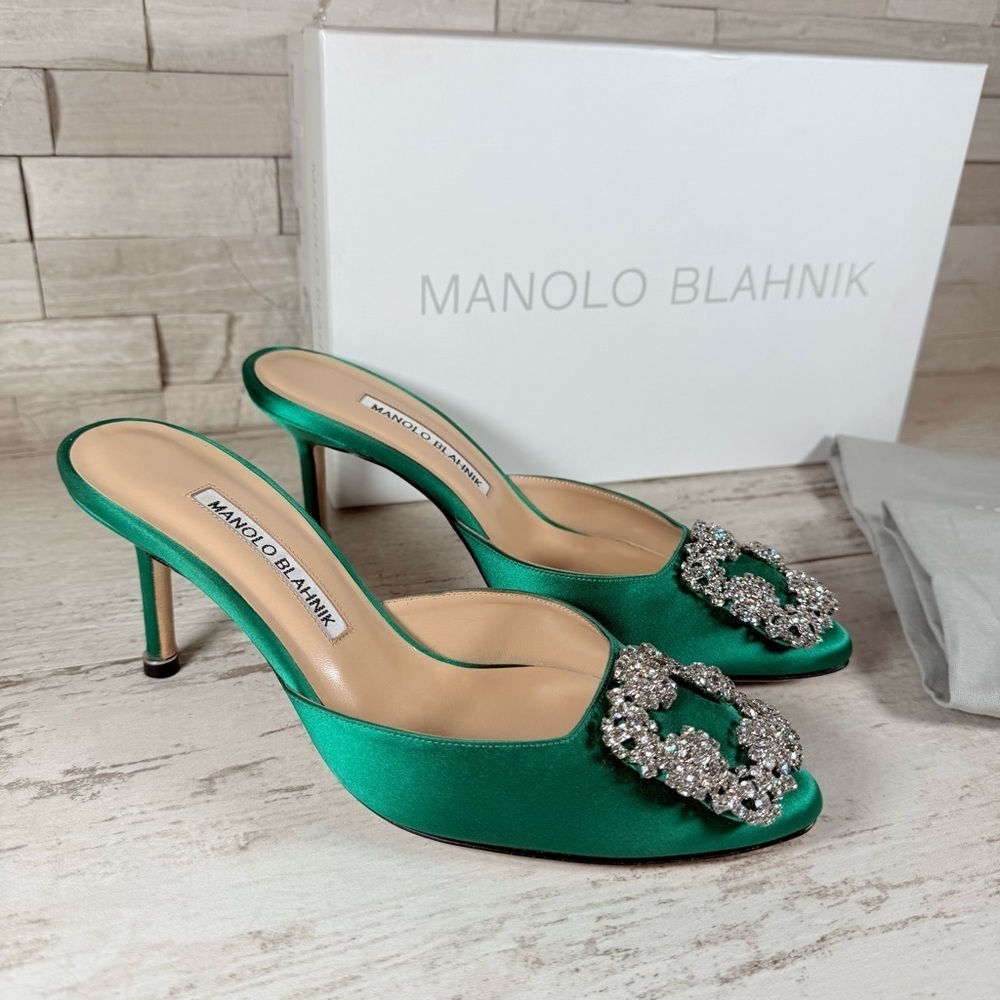 Manolo Blahnik Size 36 Green Hangisi Hangisimu Heeled Mules Satin 70MM NEW - Picture 2 of 16
